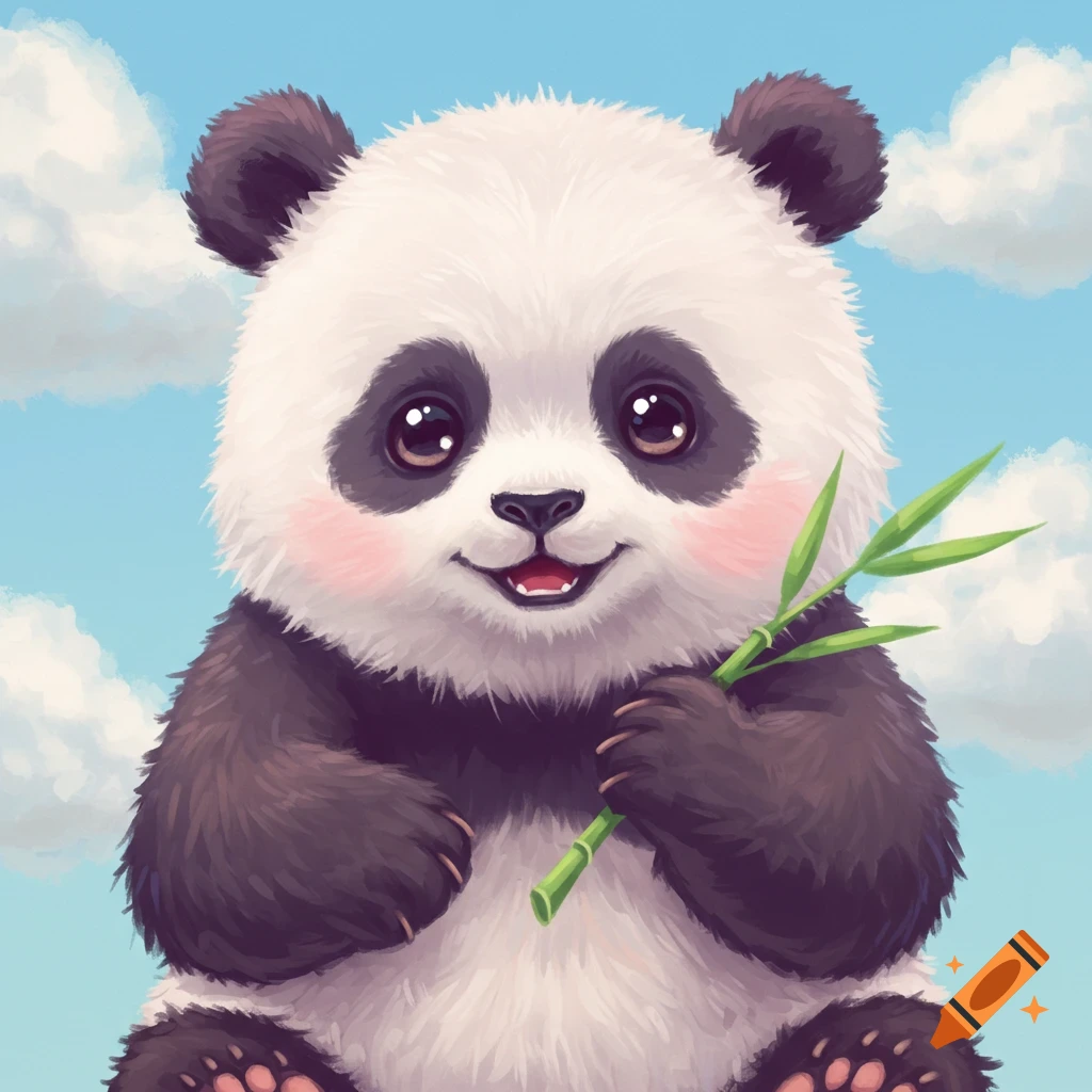 Cute illustrated baby panda holding bamboo under a cloudy sky.