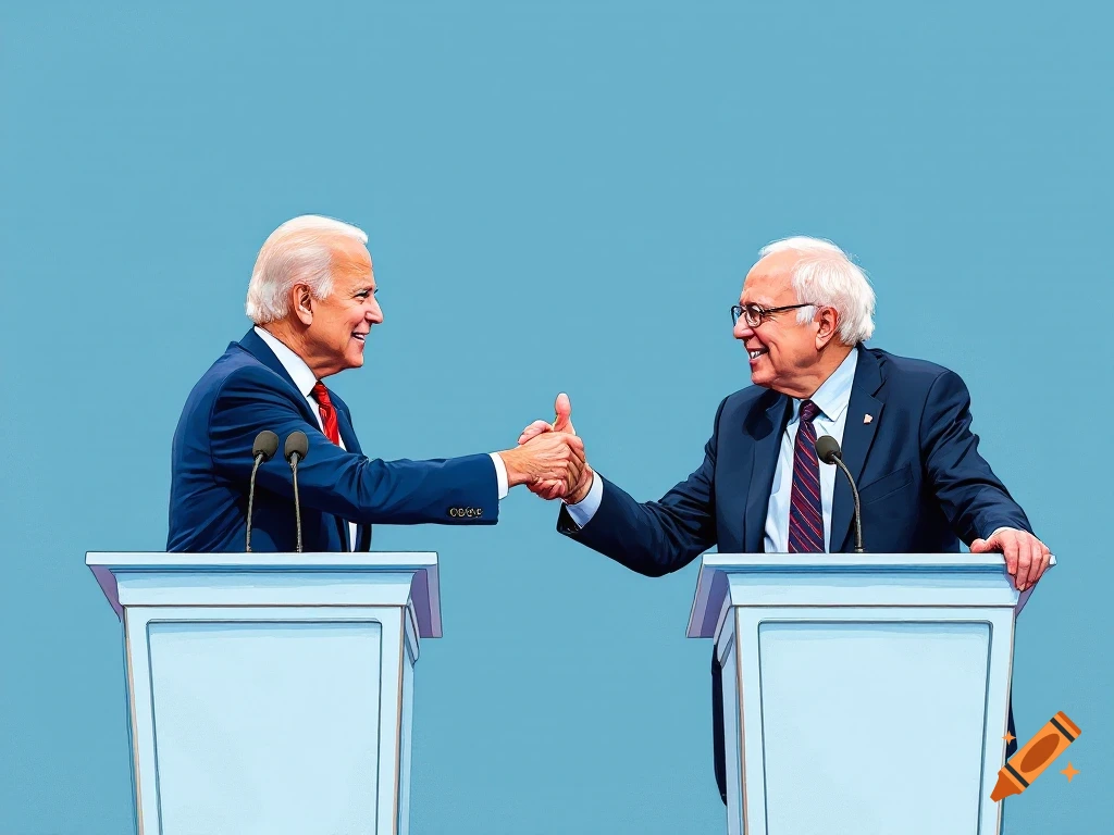 Joe Biden and Bernie Sanders shake hands at podiums