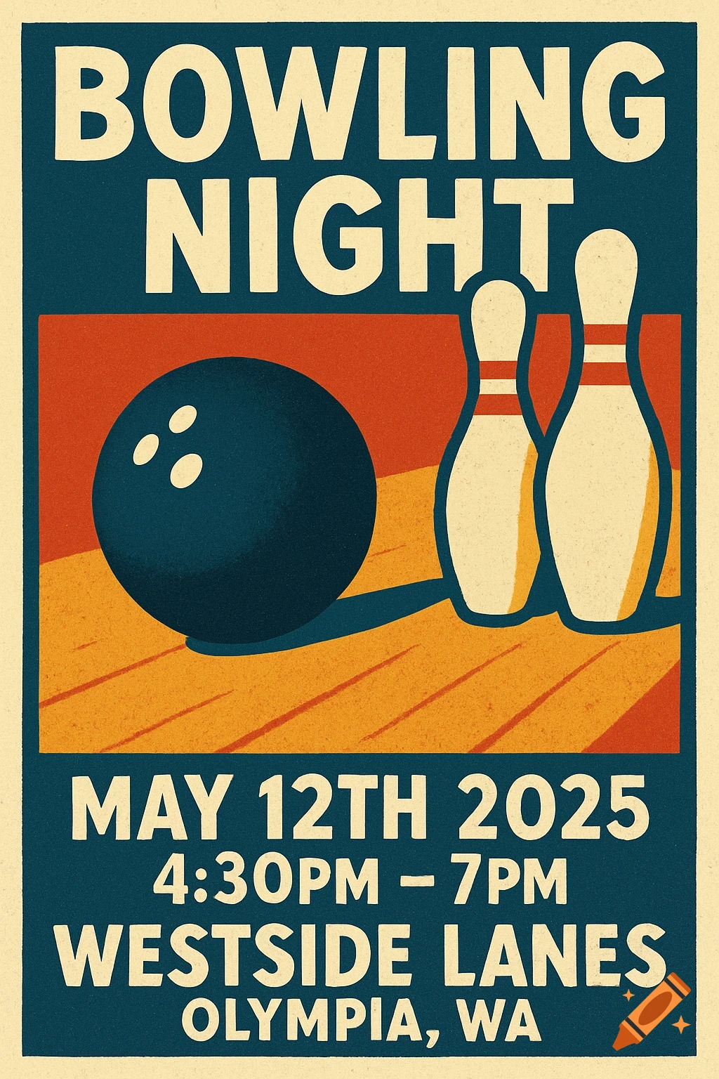 Retro poster for bowling night with ball and pins