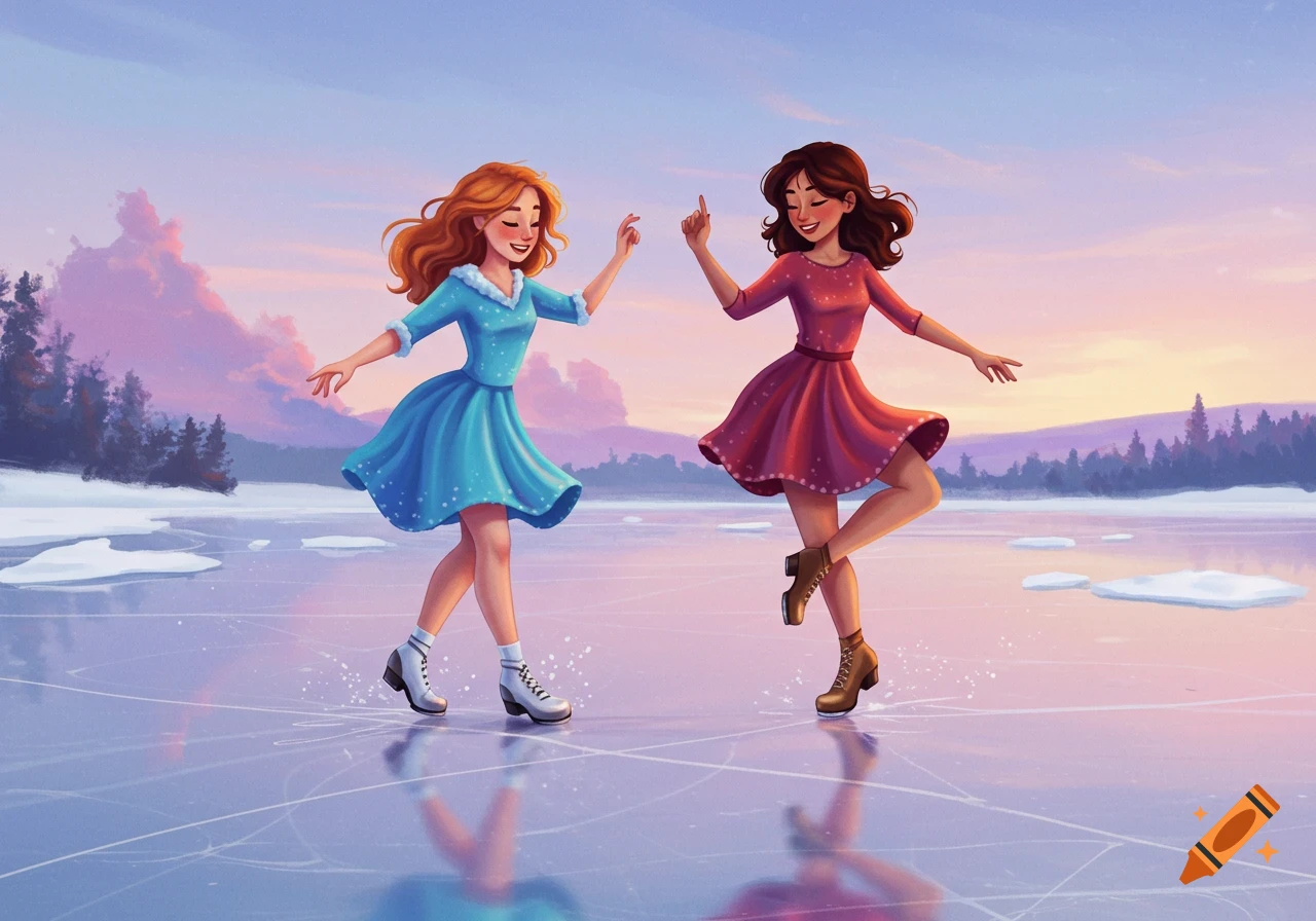 Two women ice skating on a frozen lake at sunset in a digital illustration style.
