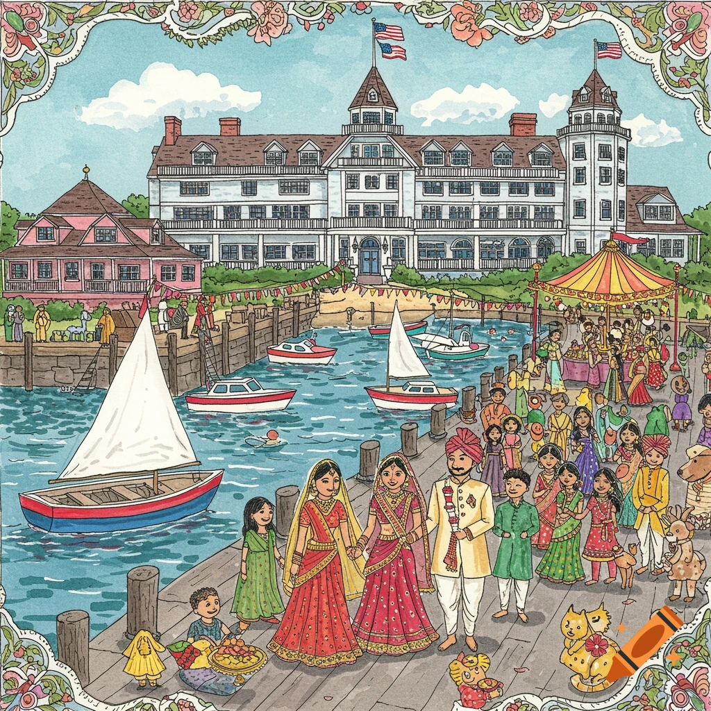 Watercolor illustration of an Indian wedding party on a harbor dock with a hotel in the background and boats in the water.