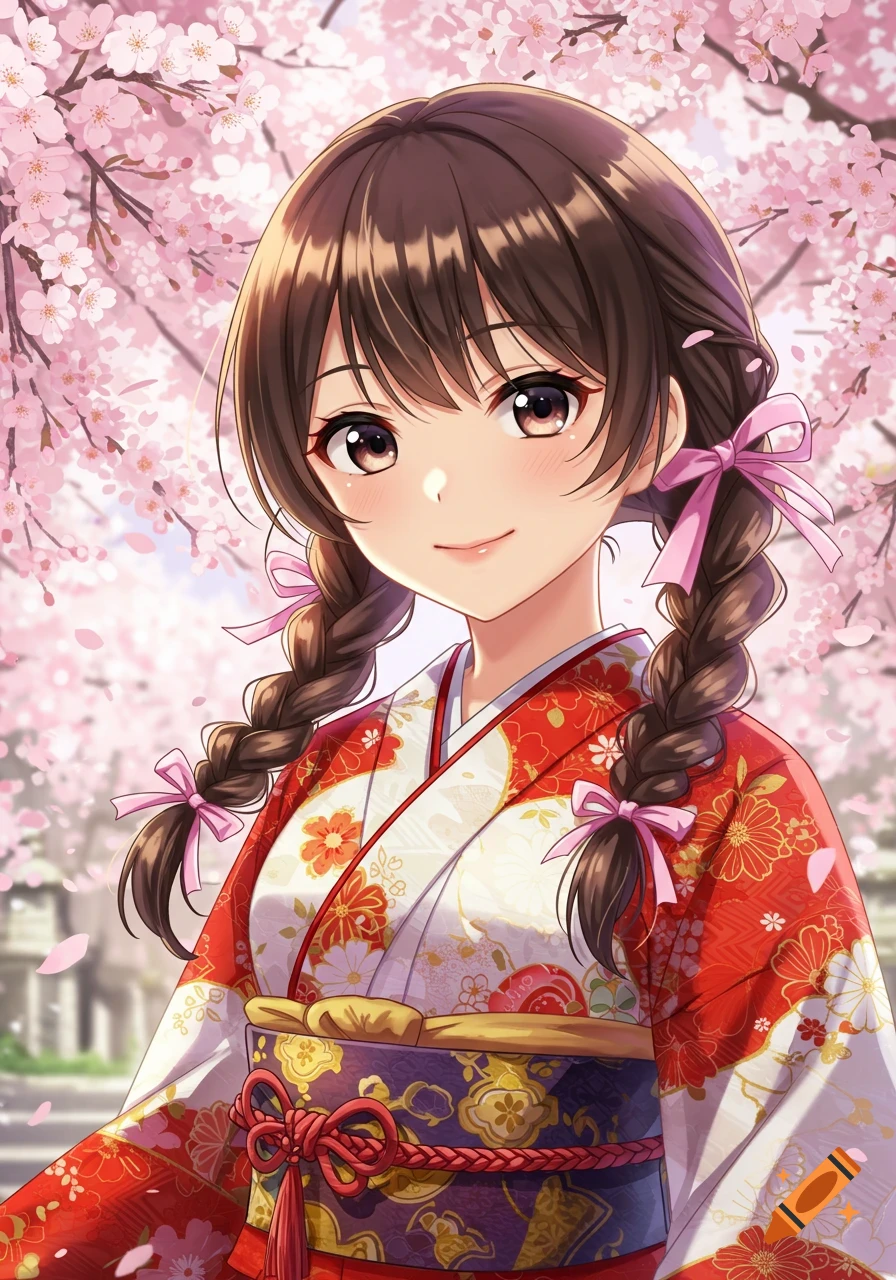 Anime portrait of a Japanese girl in a kimono under cherry blossom trees.