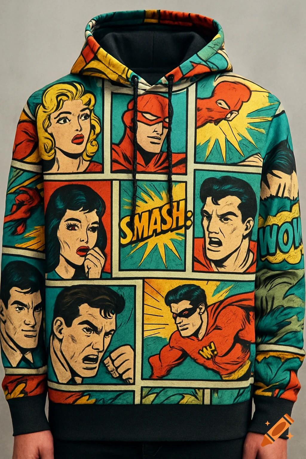 Close up of a hoodie printed with a collage of vintage comic book panels featuring characters and sound effects.