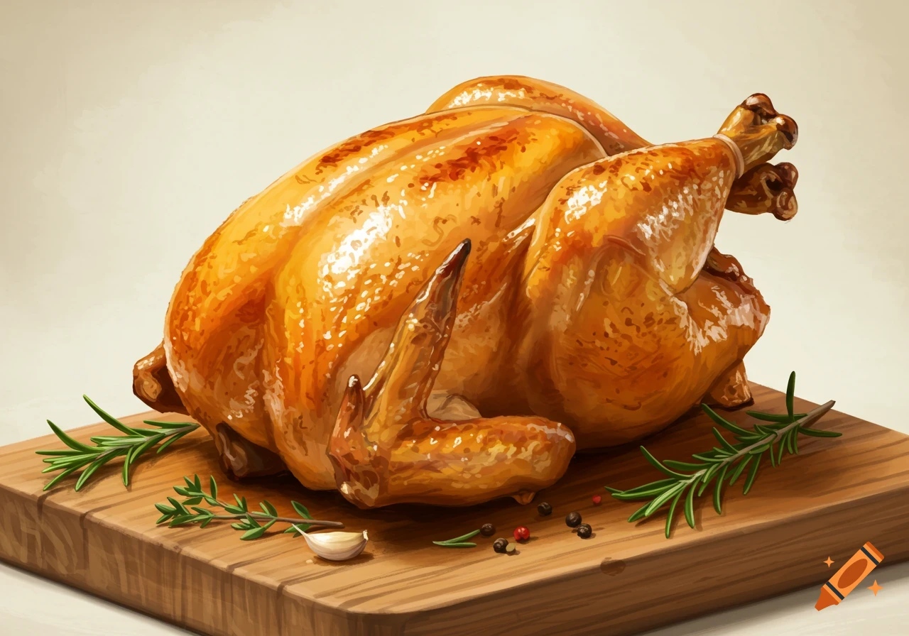 A golden brown roasted chicken rests on a wooden cutting board with fresh rosemary and peppercorns.