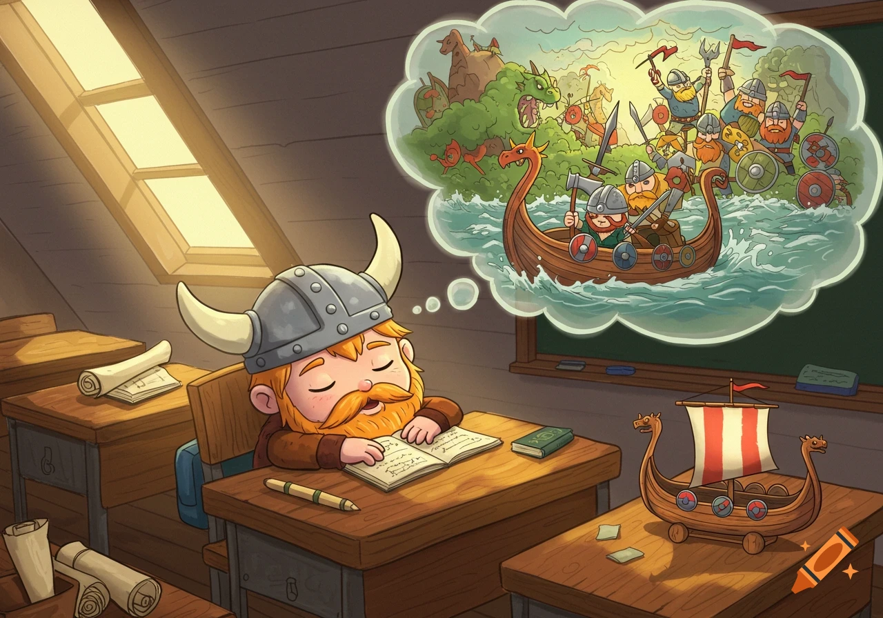 Cartoon of a cute viking student sleeping in class and dreaming of a longship battle with dragons.