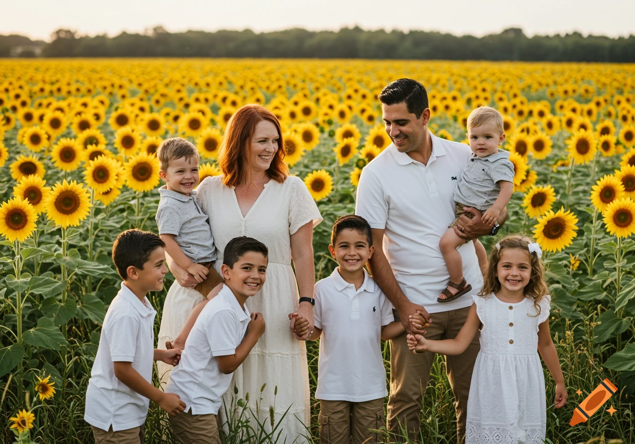 A family with four children poses in a field of sunflowers at sunset.
