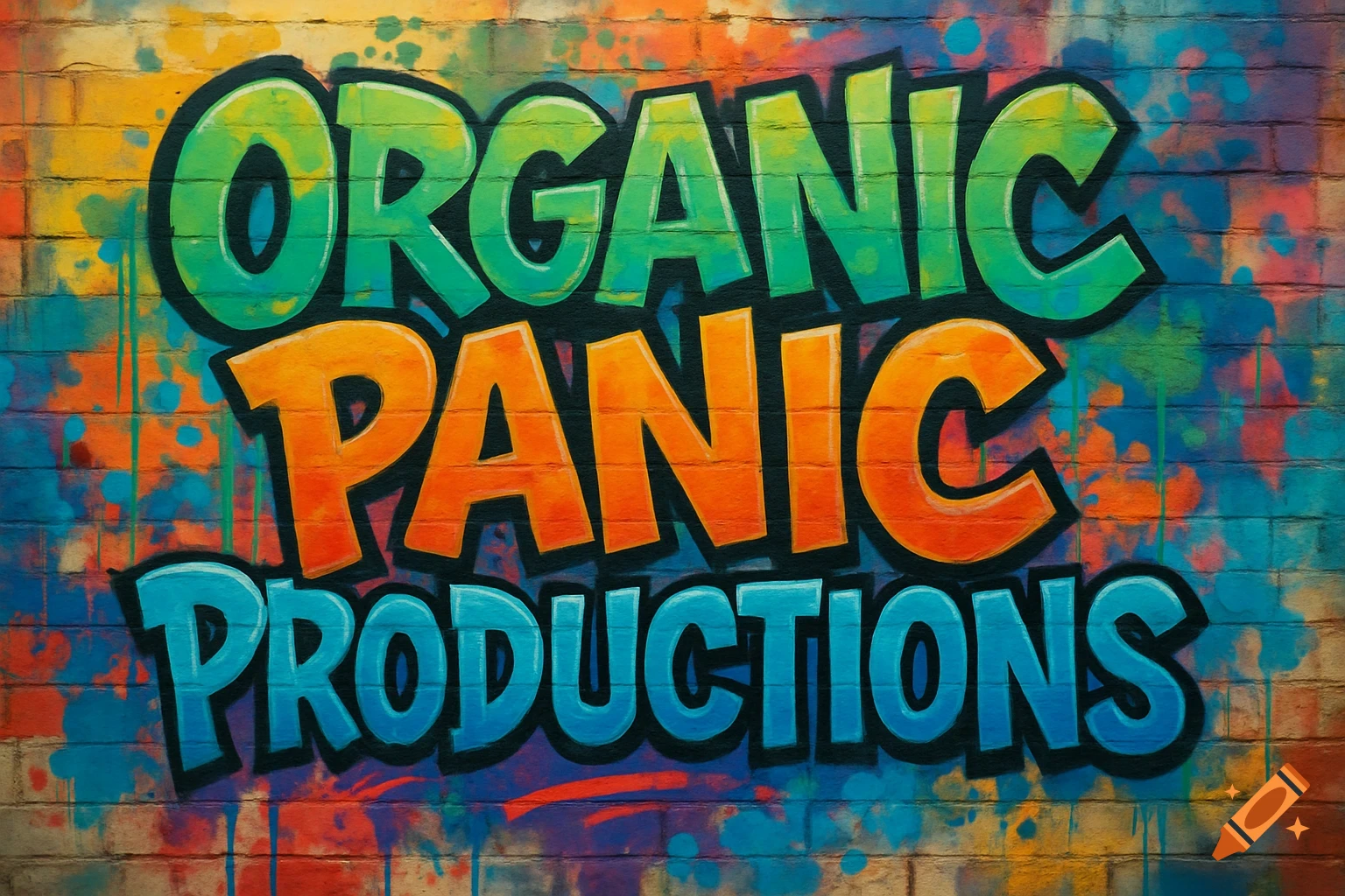 Colorful graffiti spelling "ORGANIC PANIC PRODUCTIONS" on a brick wall.