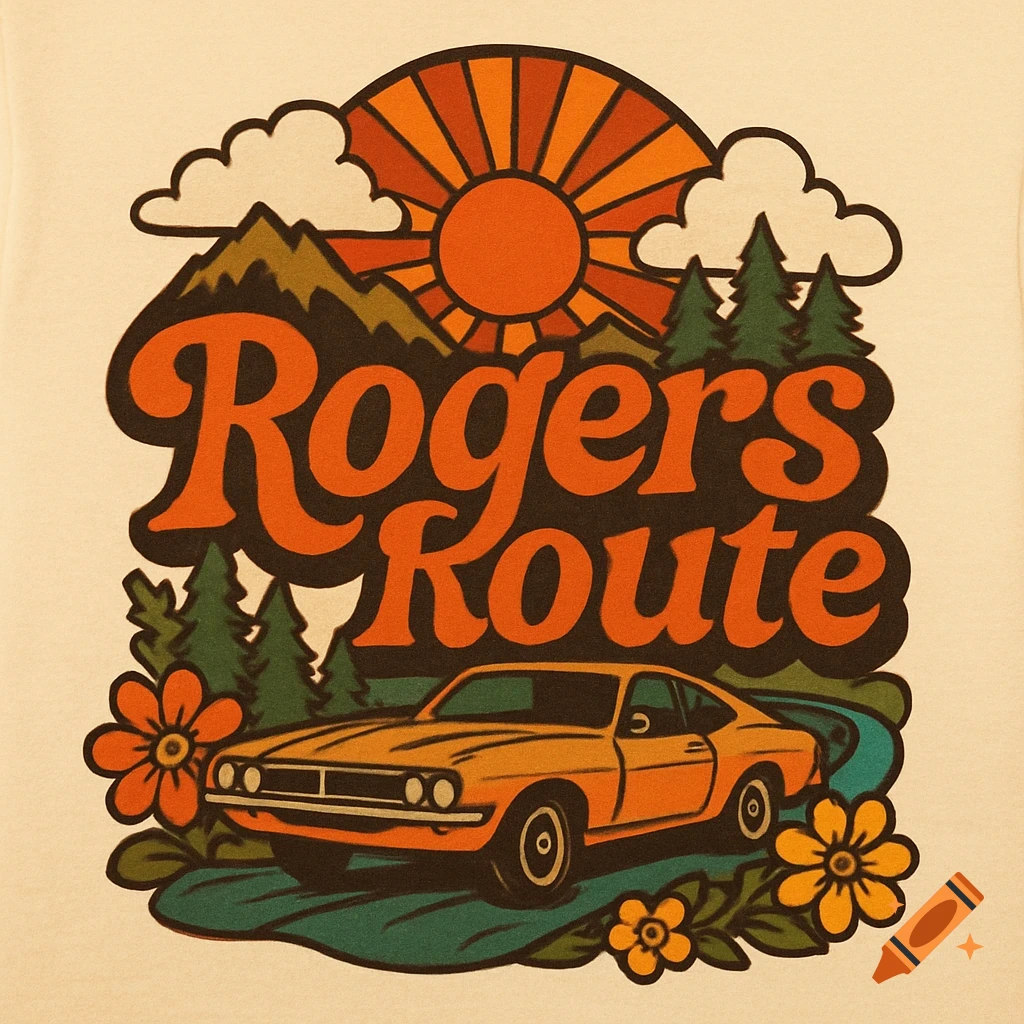 Retro 1970s illustration of a car, mountains, sun, and flowers with 'Rogers Route' text.