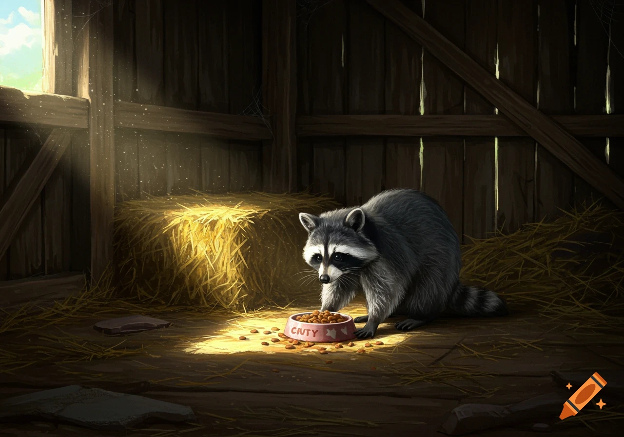 Illustration of a raccoon eating from a bowl in a sunlit barn.
