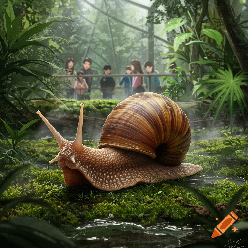 A large snail crawls on mossy ground in a zoo exhibit with blurred people watching in the background.