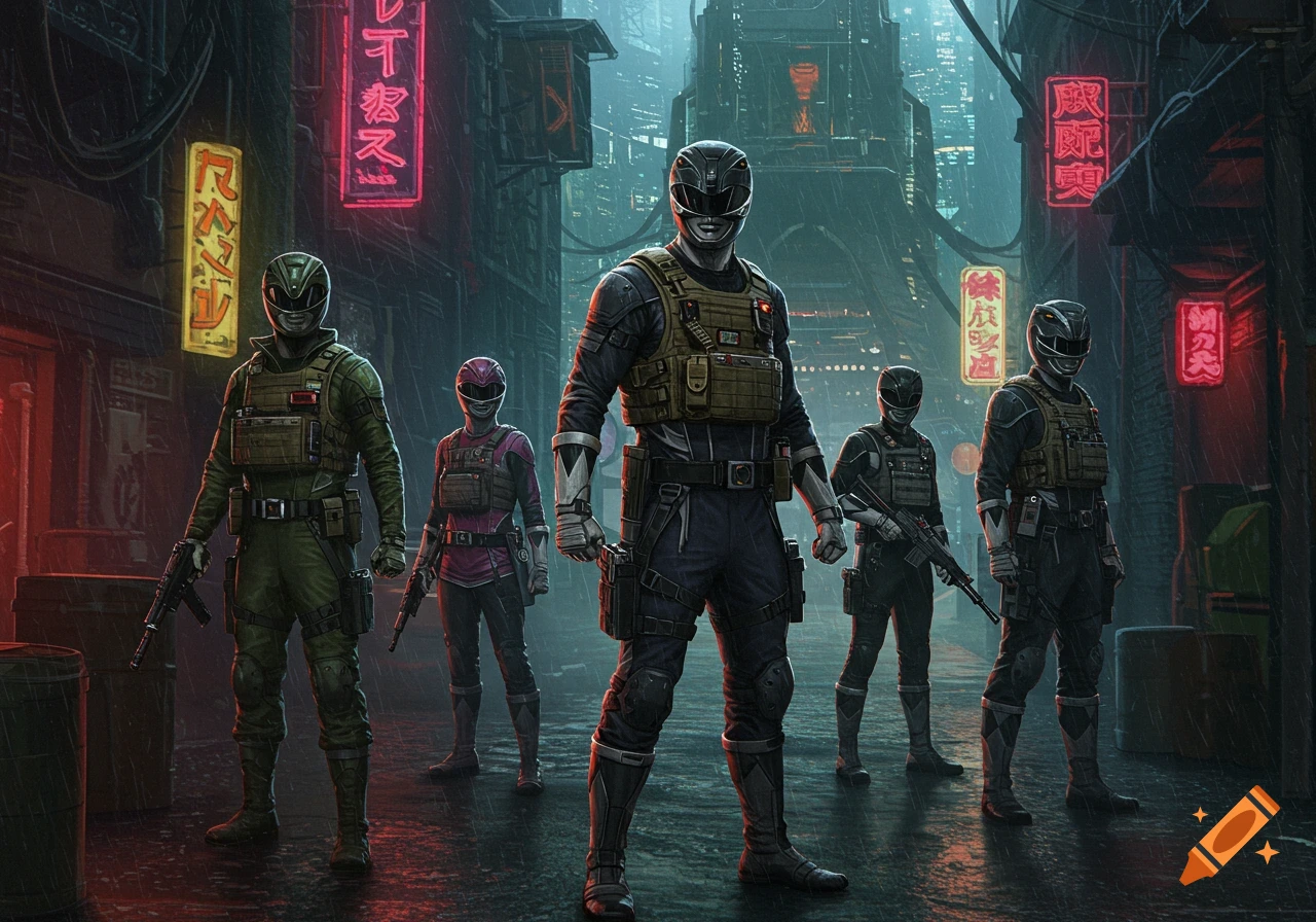 Tactical Power Rangers standing on a rainy cyberpunk street with neon signs.