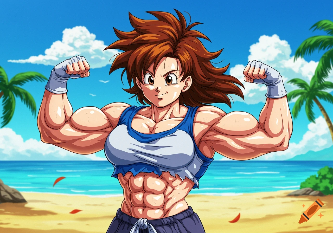 Anime character Videl flexing muscles on a sunny beach with palm trees.