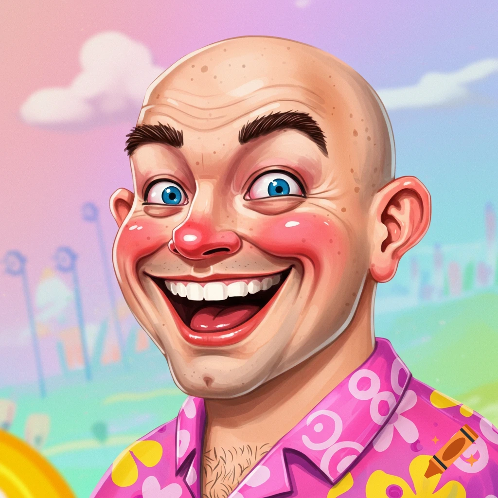 Cartoon portrait of a bald man with rosy cheeks and a wide smile, wearing a pink floral shirt.