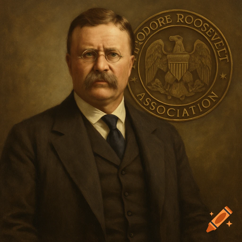 Portrait of Theodore Roosevelt with an emblem.