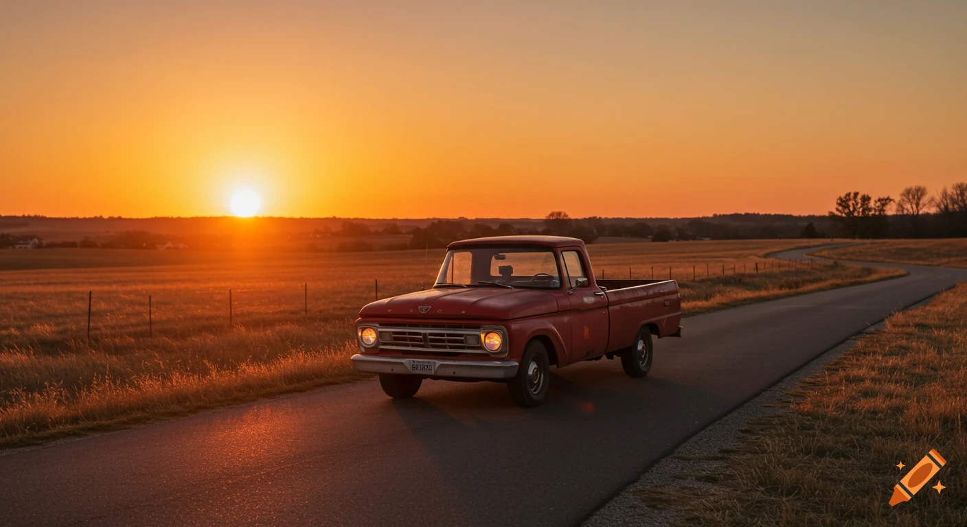 Red pickup truck on a road at sunset in a rural landscape.