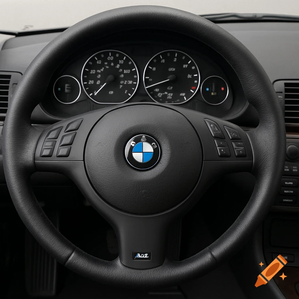 Close-up view of a black BMW E46 steering wheel and dashboard.