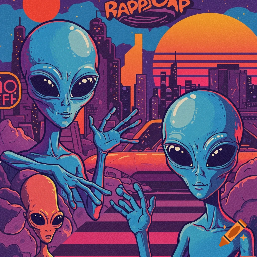 Stylized illustration of blue and orange aliens in front of a retro city skyline and sunset.
