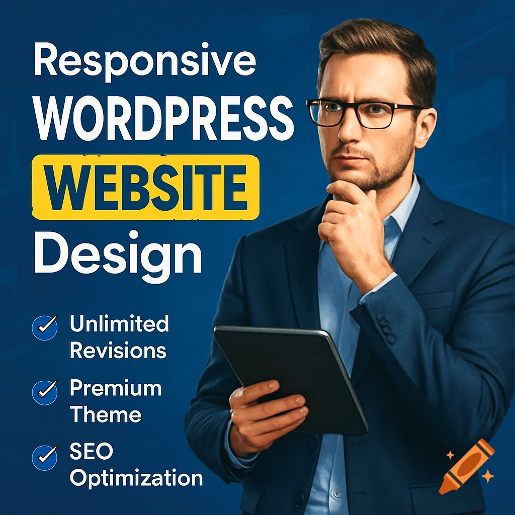 Man in suit holding a tablet next to text about responsive WordPress website design and service features.