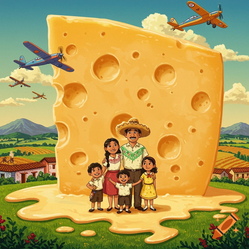 Illustration of a Mexican family in front of giant cheese with airplanes flying overhead in a rural landscape.