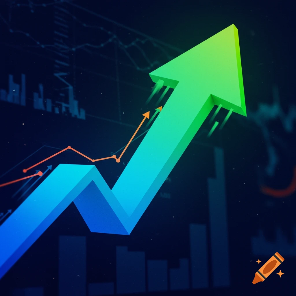 3D graphic of a line chart and a large green arrow pointing up