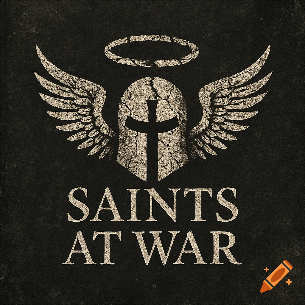 Grunge logo with cracked helmet, cross, wings, halo, and text 'SAINTS AT WAR'.
