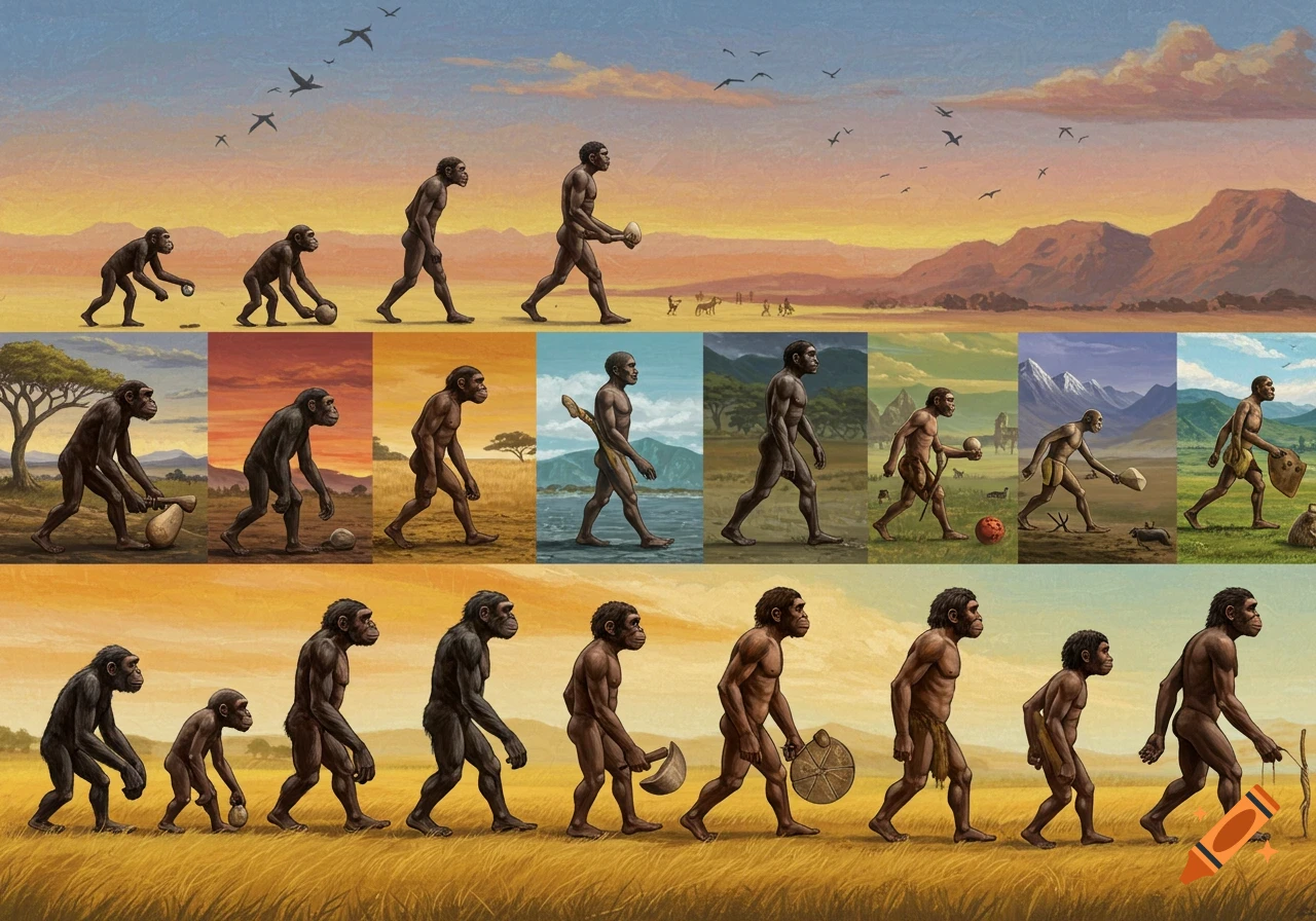Illustration depicting stages of human evolution from early hominins to modern humans walking across landscapes.