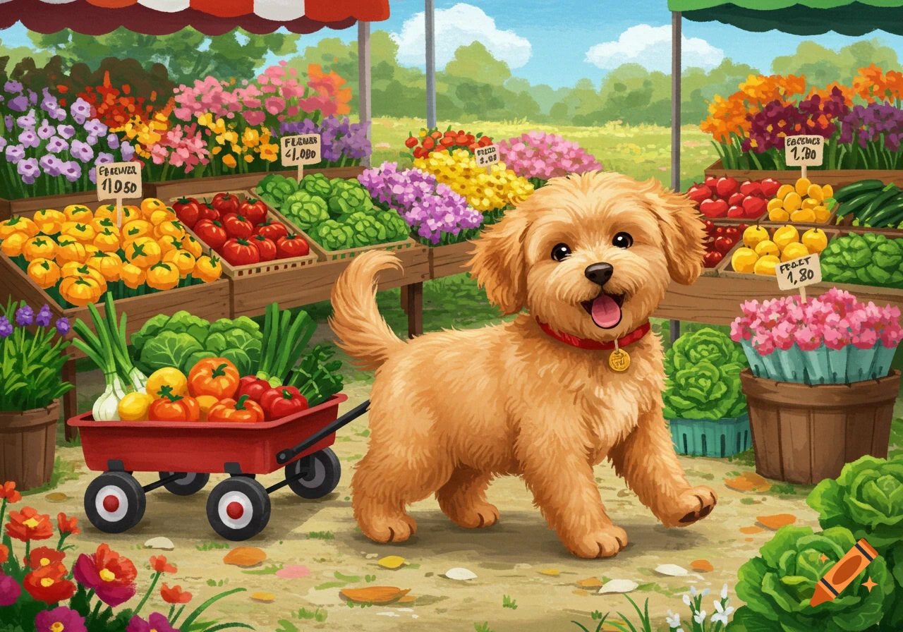 A golden puppy stands at a market stall filled with fruits, vegetables, and flowers. Painted style.