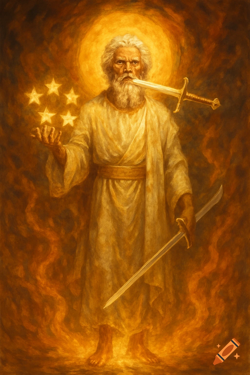 Painted image of a figure with white hair, sword from mouth, holding stars, standing in fire.