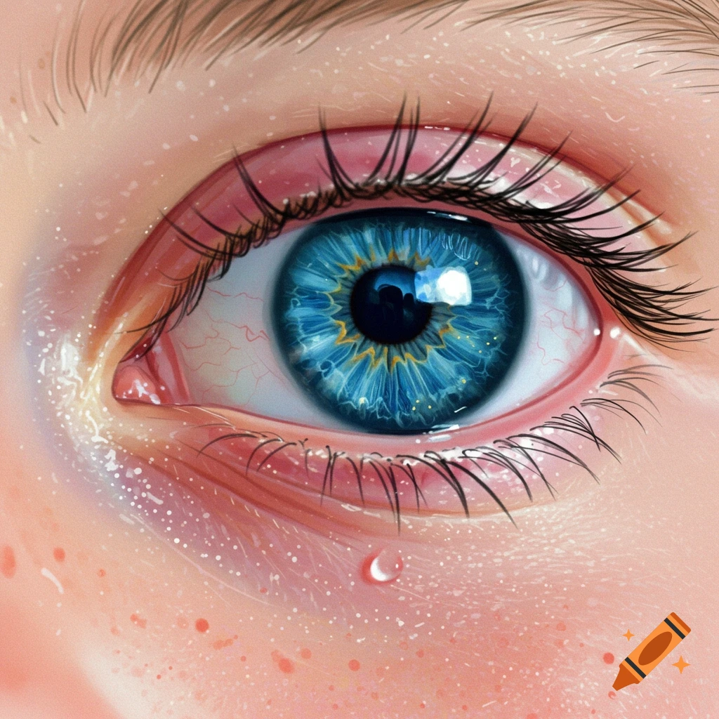 Detailed illustration of a blue eye with a tear.