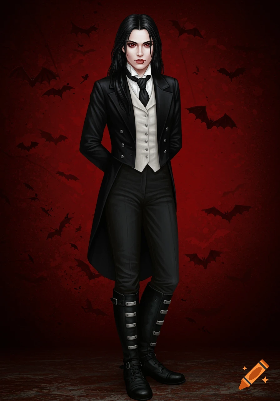 Illustration of a vampire woman in a tailcoat against a red background with bats.