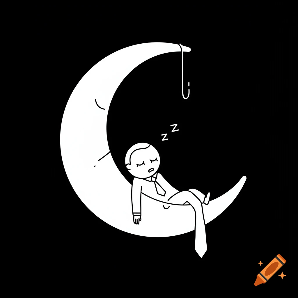 Minimalist black and white illustration of a figure sleeping on a crescent moon.