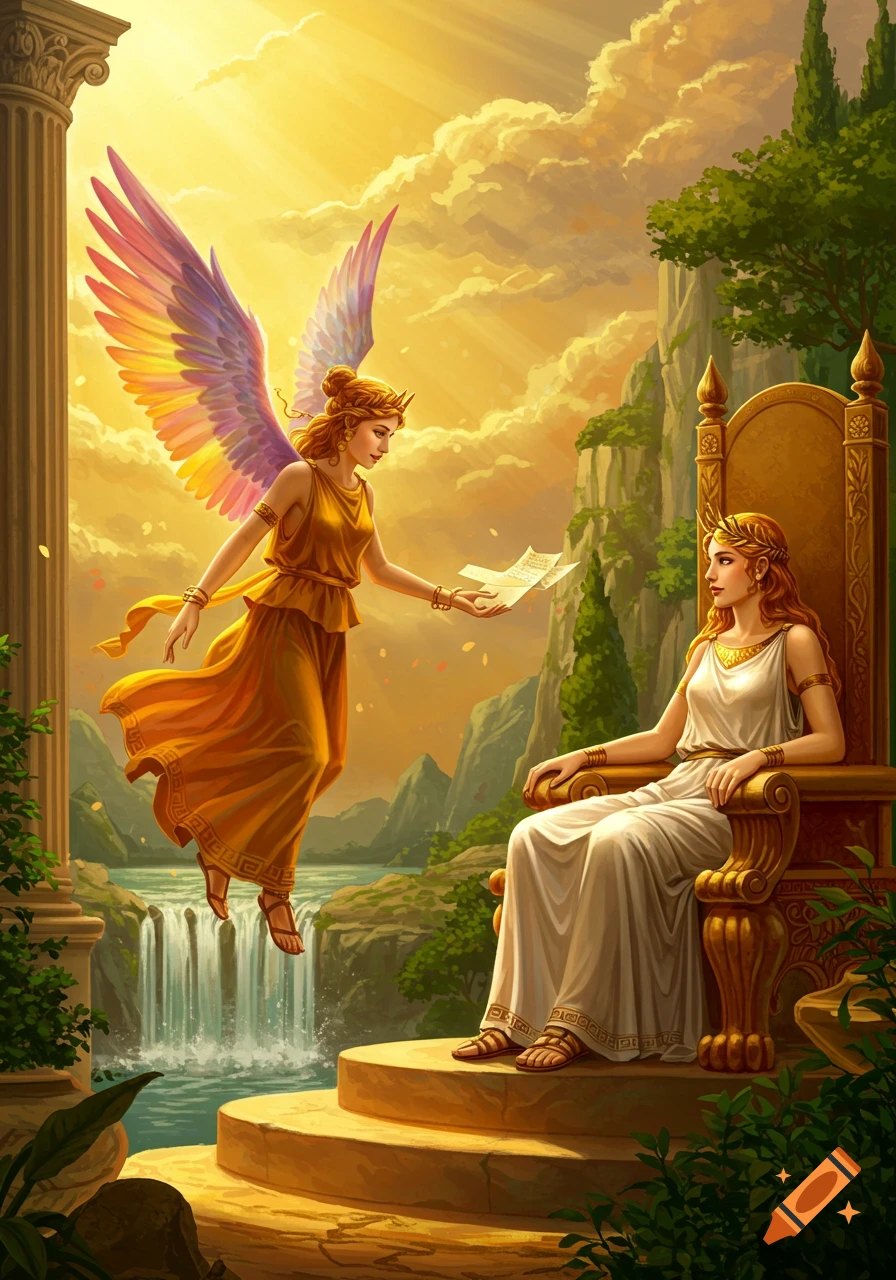 A winged goddess delivers a scroll to another goddess on a golden throne in a lush, sunlit fantasy landscape.