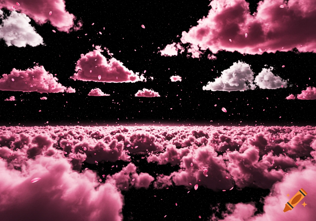 Pink and white clouds in a starry sky with falling petals.