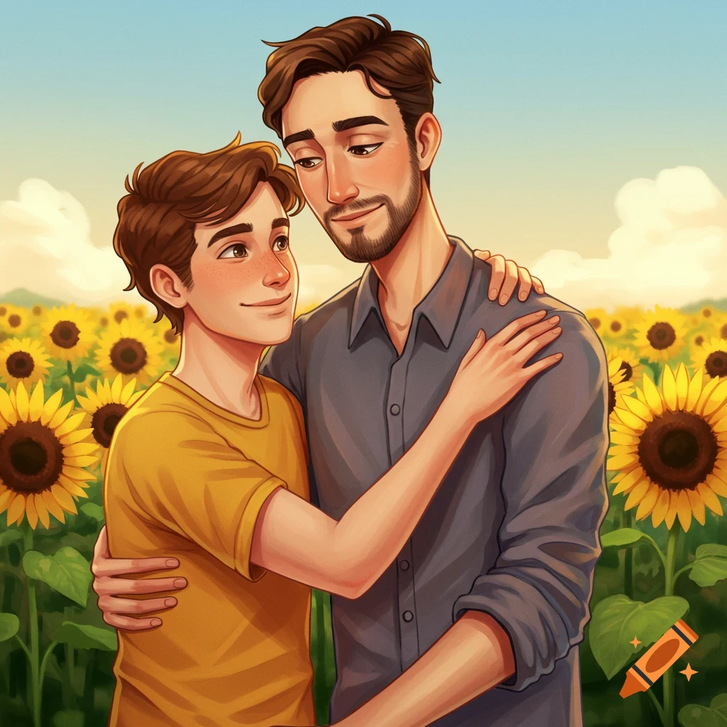 Illustration of two men embracing in a field of sunflowers
