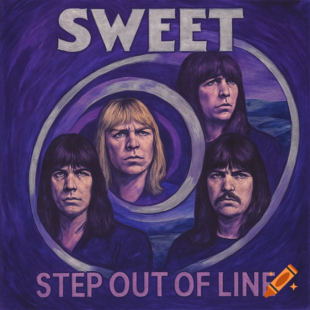 Hand-drawn album cover for the band Sweet, featuring four band members in a purple spiral. Text says "SWEET" and "STEP OUT OF LINE".