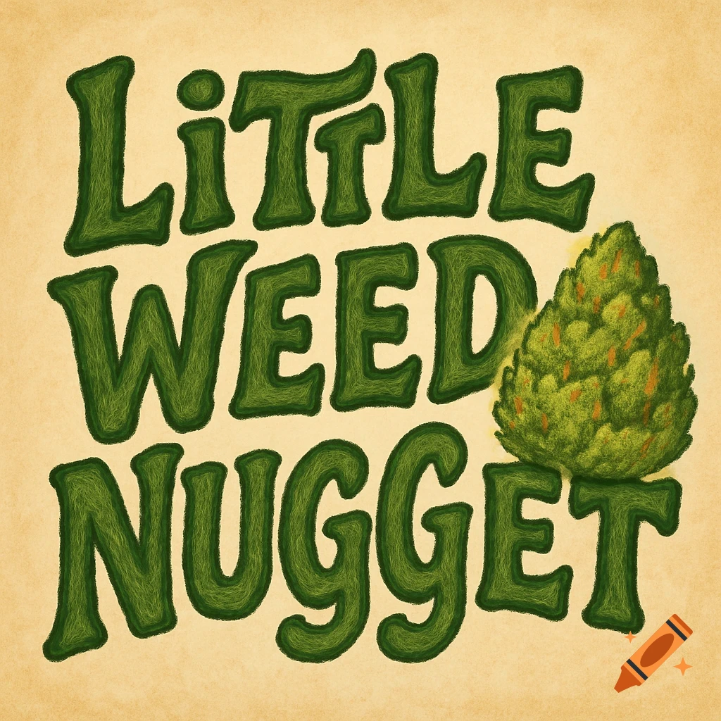 Green textured word art 'LITTLE WEED NUGGET' next to a cannabis bud illustration on a textured background.