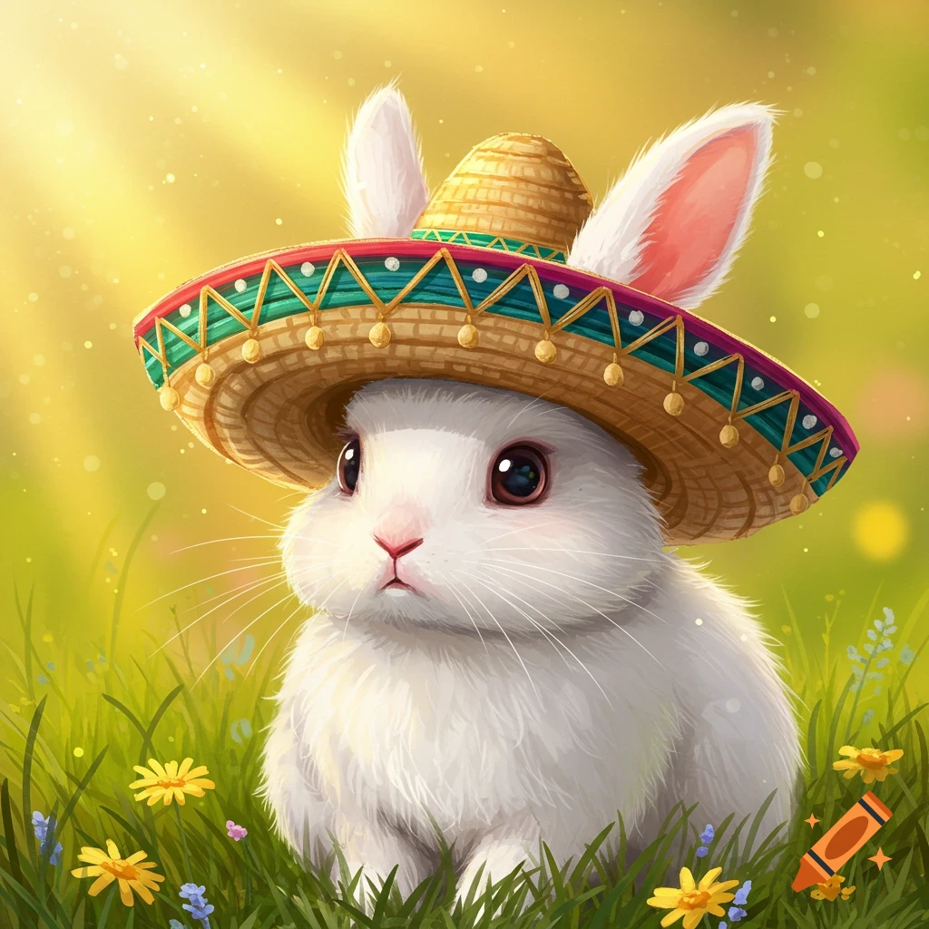 A cute white bunny wearing a sombrero sits in sunny grass with flowers.