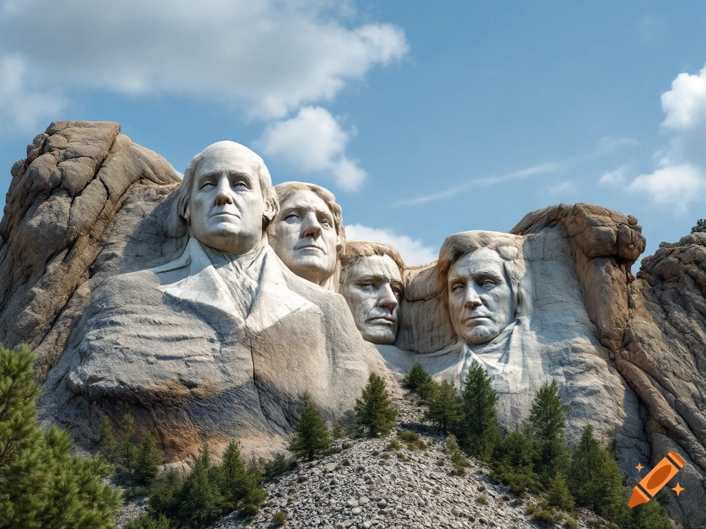 Mount Rushmore monument with four faces resembling Donald Trump carved into the rock under a blue sky.