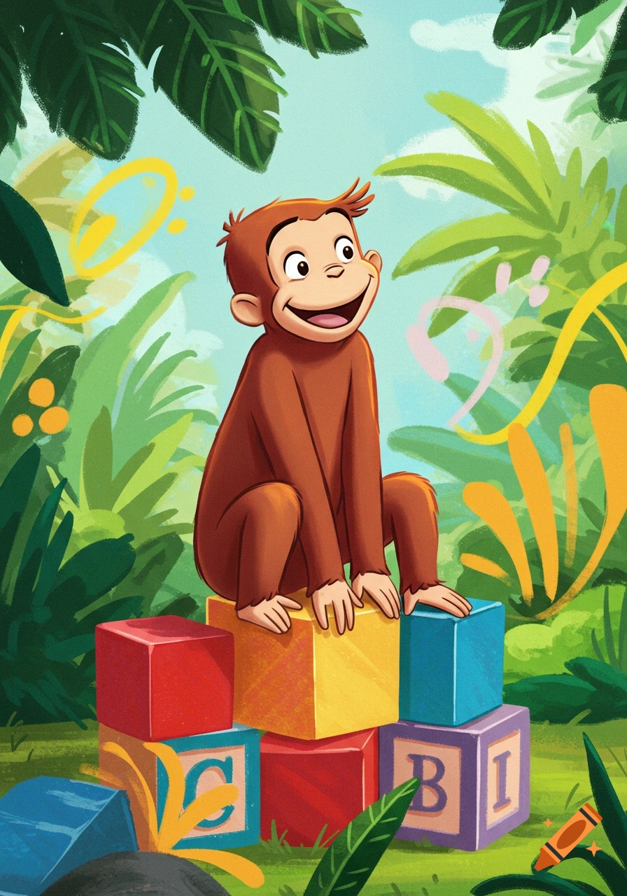 A cartoon monkey sits on colorful alphabet blocks in a jungle.