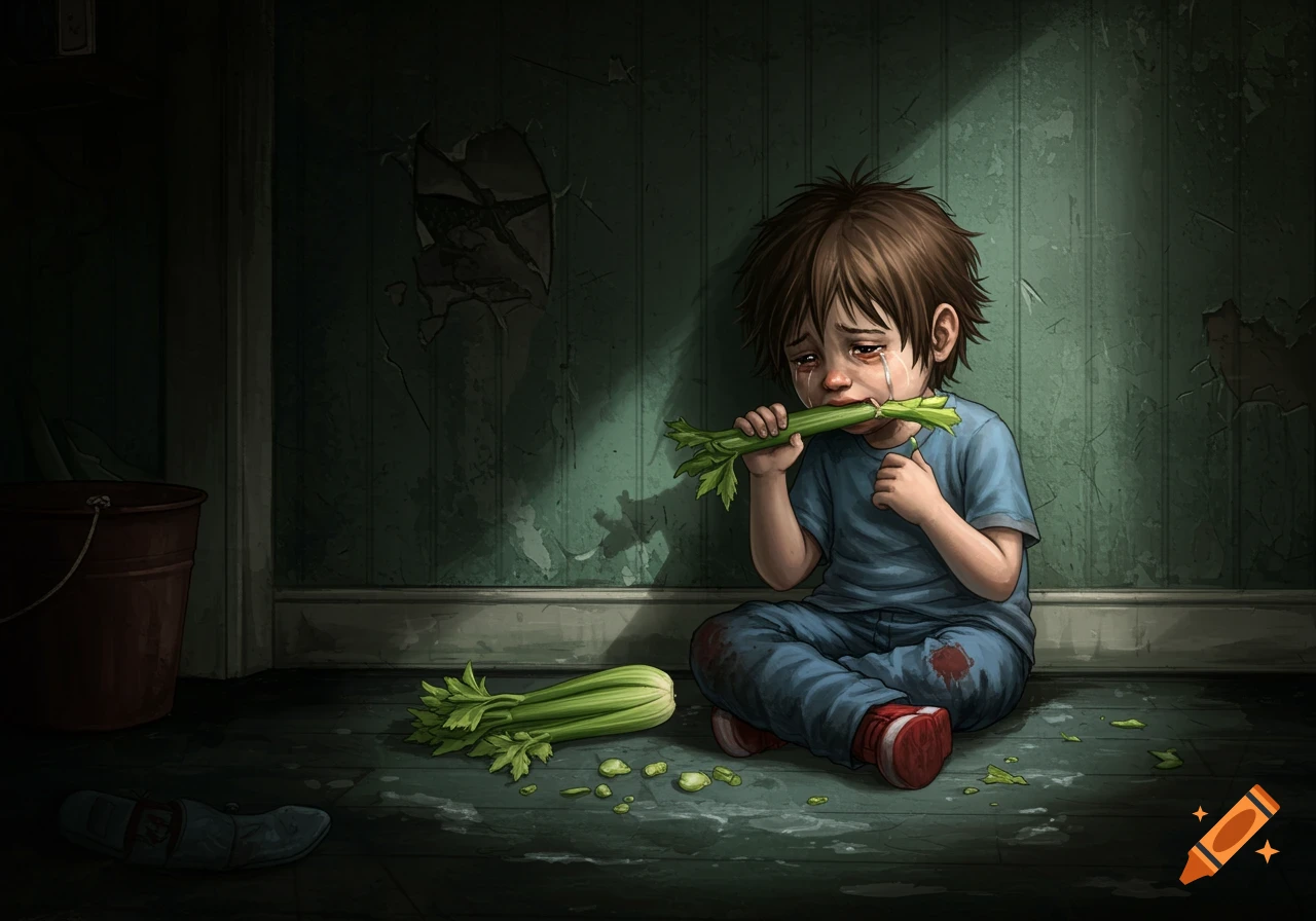 Illustration of a crying child eating celery in a dark room.