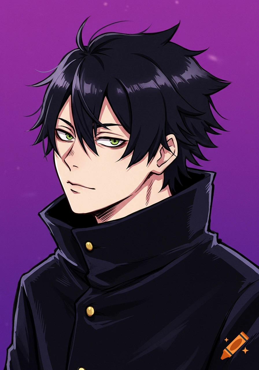 Anime portrait of a young man with black spiky hair and green eyes in a ...
