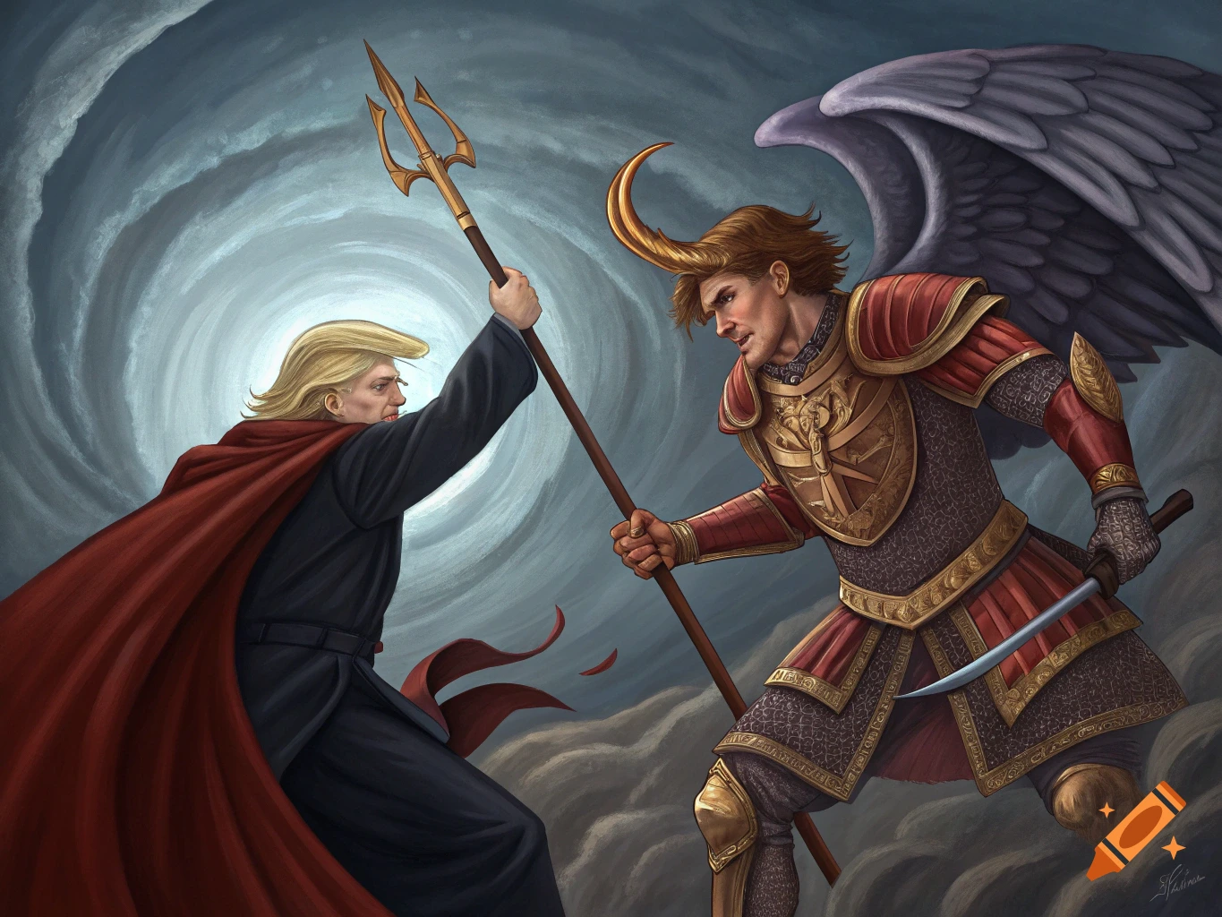 A figure resembling Donald Trump in a red cape and holding a trident fights a winged figure in golden armor.