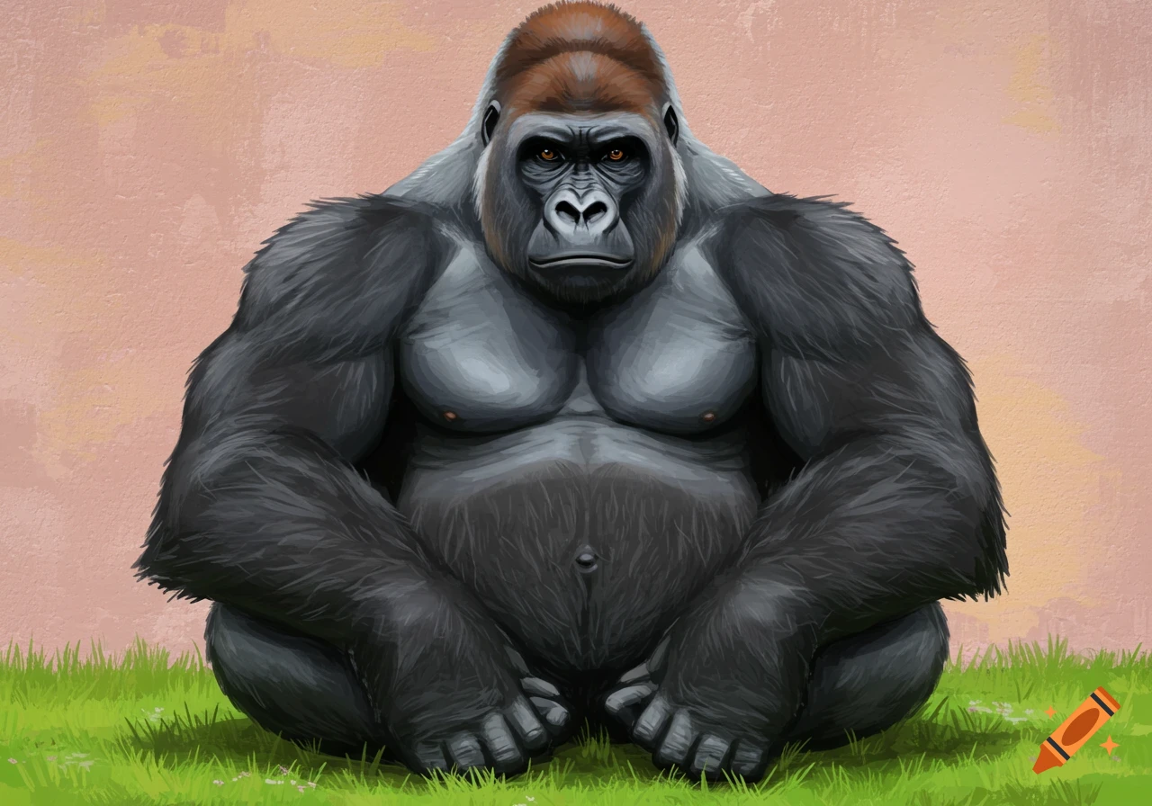 Illustrated big muscular gorilla sitting on grass.