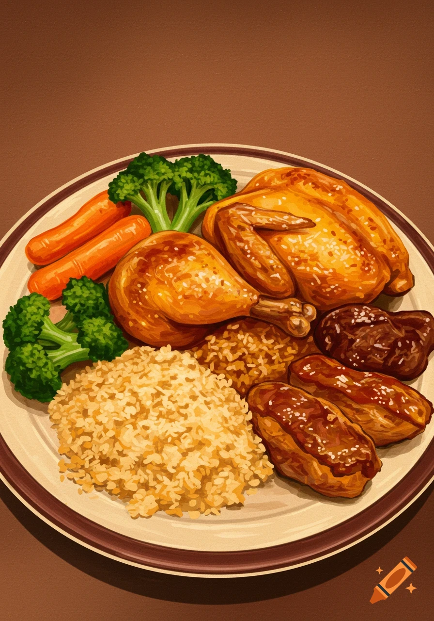 Plate of roasted chicken, rice, broccoli, carrots, and glazed meat in a painterly style.
