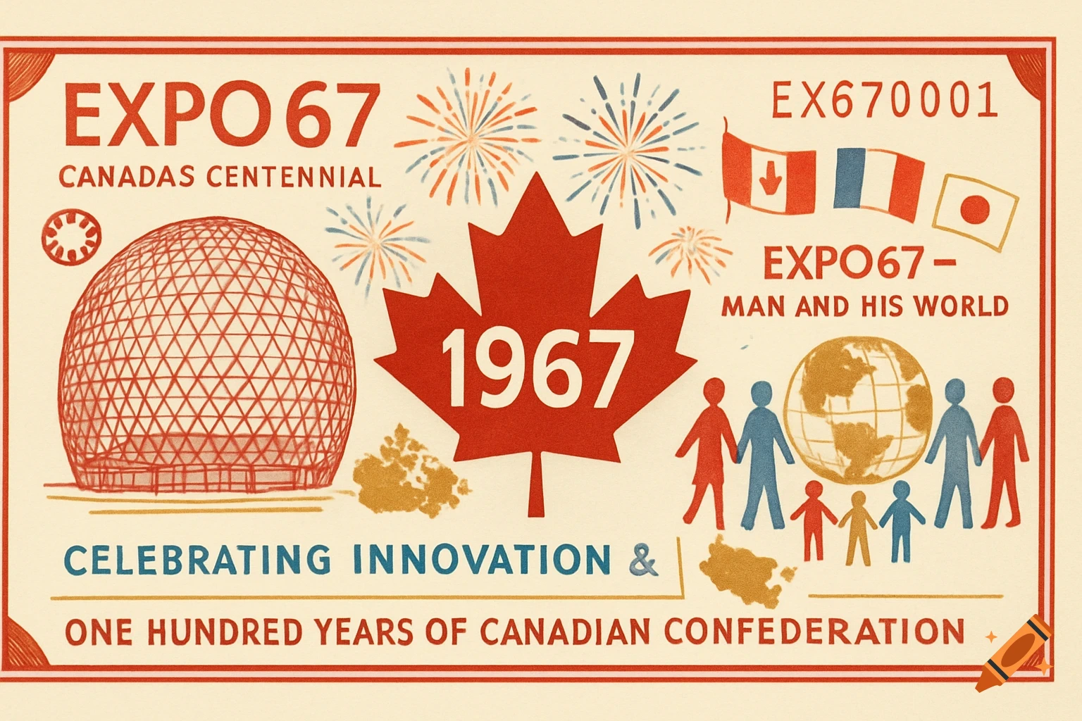 Illustration resembling a commemorative bill for Expo 67, featuring a geodesic dome, maple leaf, fireworks, figures around a globe, and flags.