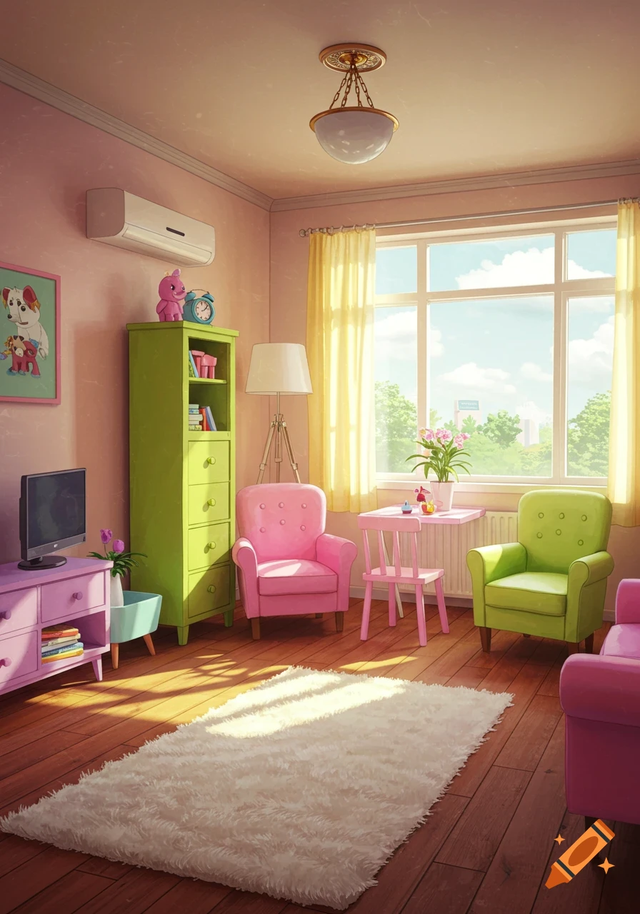 A pastel-colored room with a green cabinet, pink and green chairs, a small pink table, a fluffy rug, and a large window.