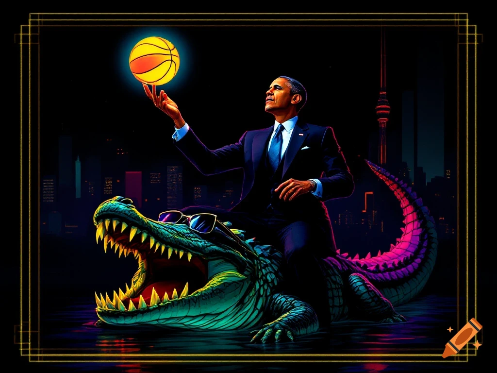 Surreal depiction of Barack Obama riding a glowing crocodile while spinning a basketball against a city skyline.