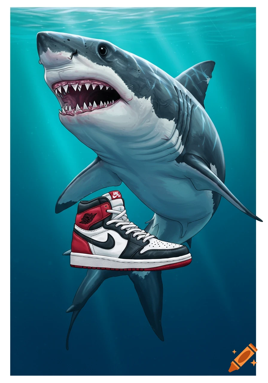 An illustration of a shark swimming underwater with a sneaker