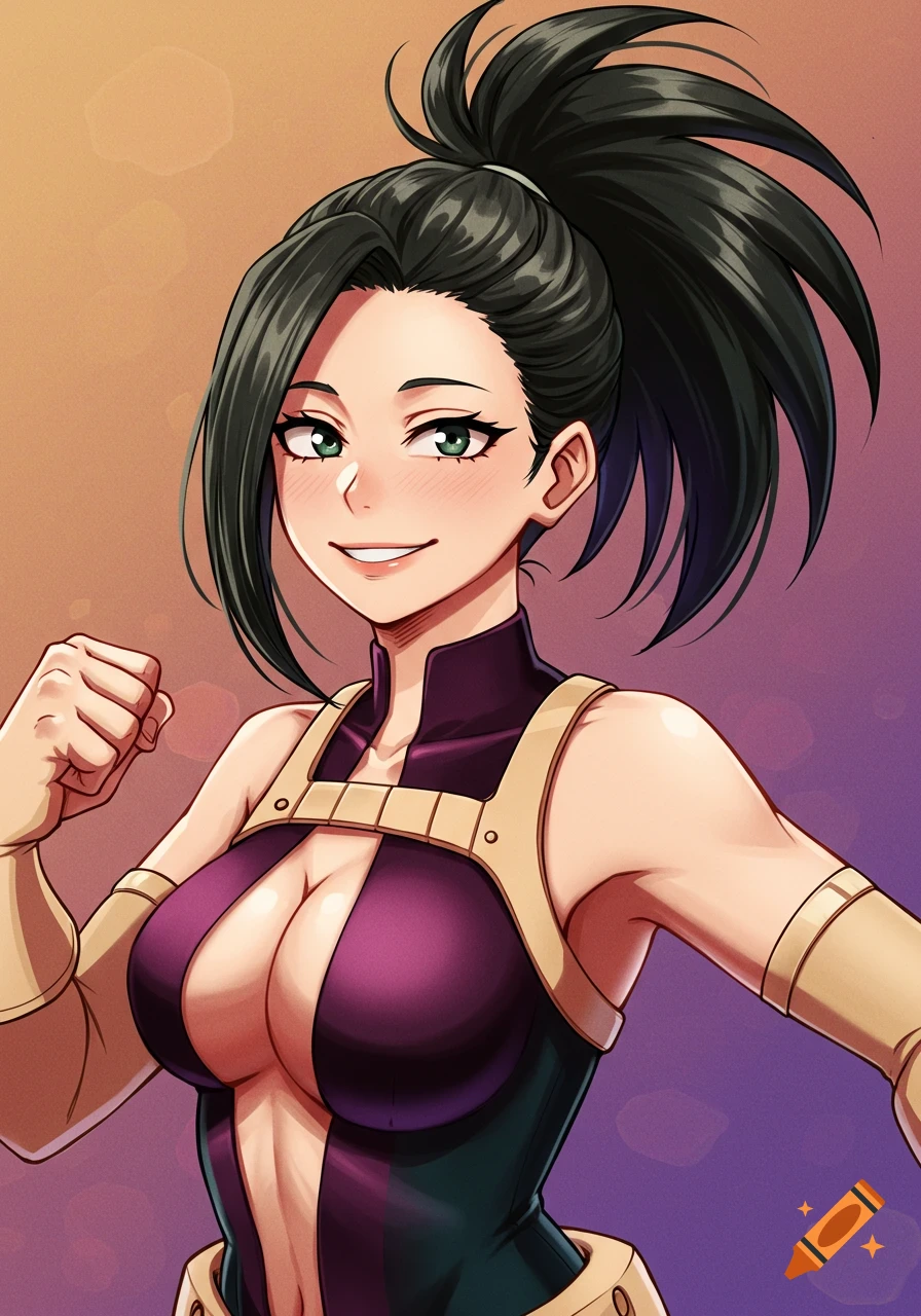 Anime style portrait of Momo Yaoyorozu in costume, smiling with fist raised.