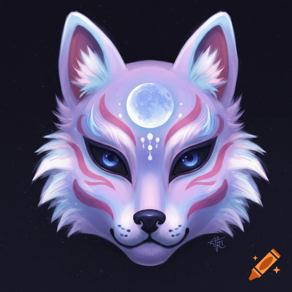 Stylized purple and blue fox mask with a moon on its forehead against a dark background.